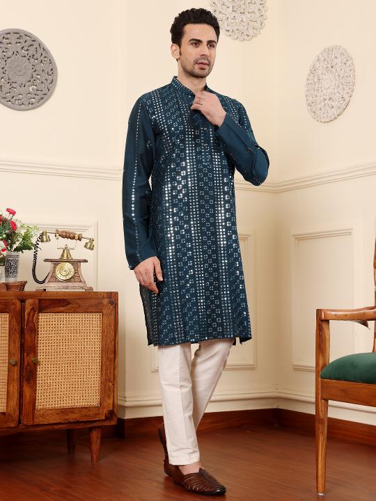 Men's Dark Blue Straight Viscose Silk Kurta with Embroidered Neckline and Motifs,Off White solid trouser style churidar | SHOBITAM