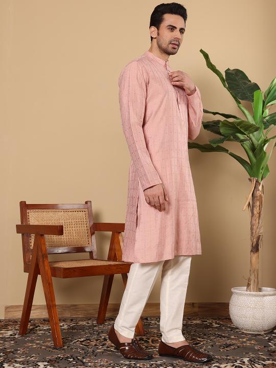 Men's Pink Straight Viscose Silk kurta with Textured Effect ,Off White solid trouser style churidar  | SHOBITAM
