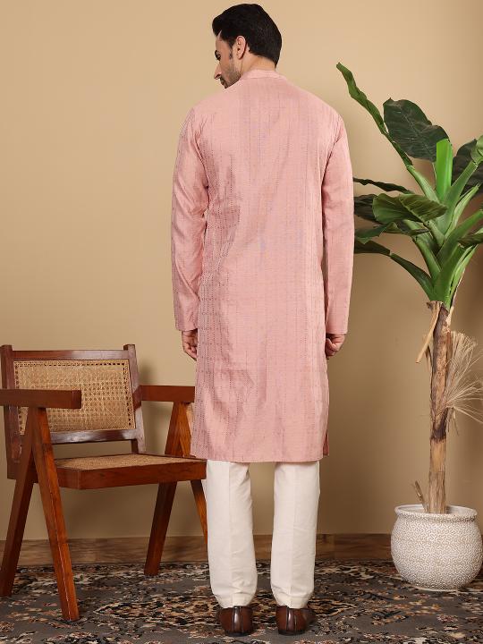 Men's Pink Straight Viscose Silk kurta with Textured Effect ,Off White solid trouser style churidar  | SHOBITAM