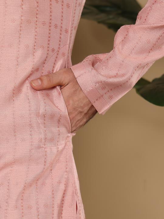 Men's Pink Straight Viscose Silk kurta with Textured Effect ,Off White solid trouser style churidar  | SHOBITAM