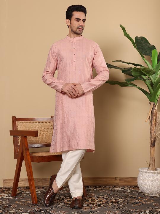 Men's Pink Straight Viscose Silk kurta with Textured Effect ,Off White solid trouser style churidar  | SHOBITAM