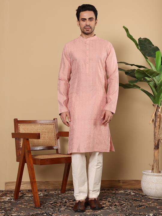 Men's Pink Straight Viscose Silk kurta with Textured Effect ,Off White solid trouser style churidar  | SHOBITAM