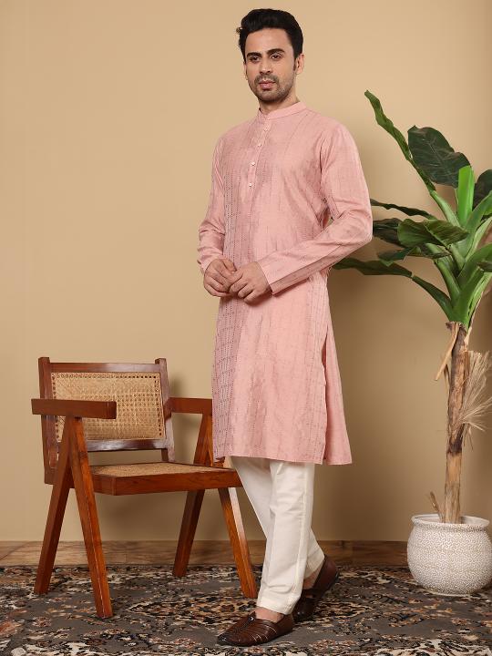 Men's Pink Straight Viscose Silk kurta with Textured Effect ,Off White solid trouser style churidar  | SHOBITAM