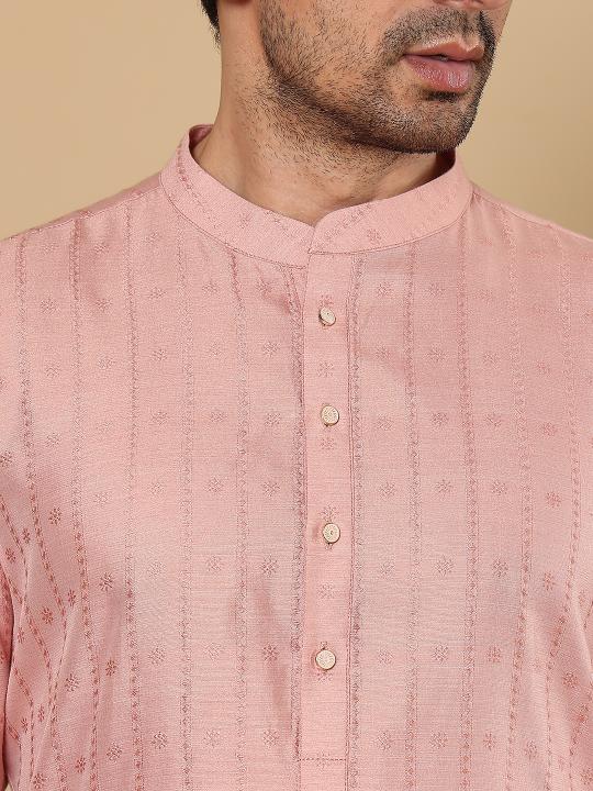 Men's Pink Straight Viscose Silk kurta with Textured Effect ,Off White solid trouser style churidar  | SHOBITAM