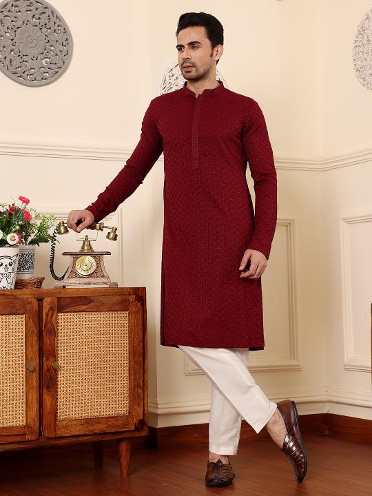Men's Rayon Silk Straight Classic Red Chikankari Kurta ,Cream solid trouser style churidar  | SHOBITAM