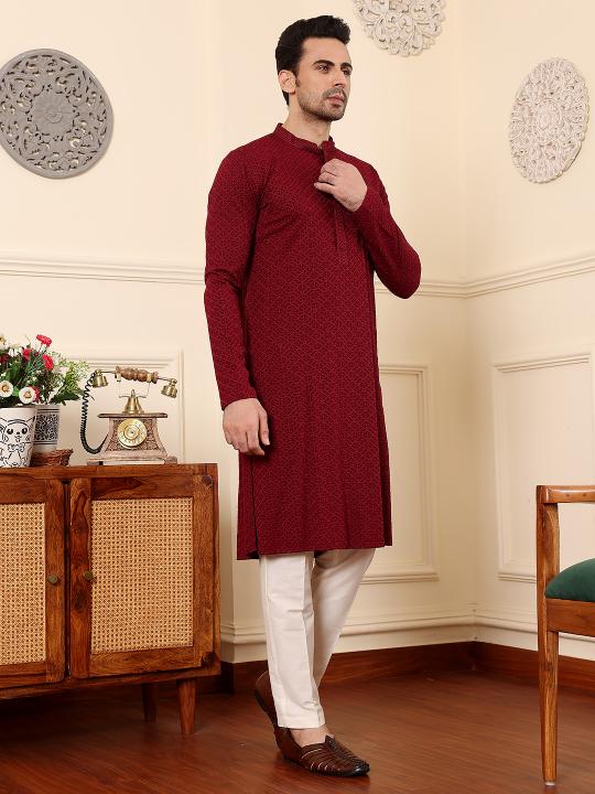 Men's Rayon Silk Straight Classic Red Chikankari Kurta ,Cream solid trouser style churidar  | SHOBITAM