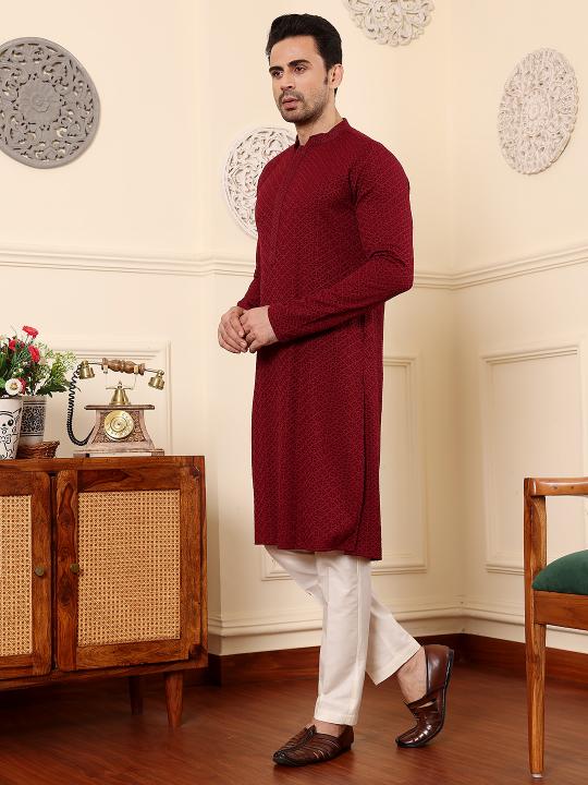 Men's Rayon Silk Straight Classic Red Chikankari Kurta ,Cream solid trouser style churidar  | SHOBITAM