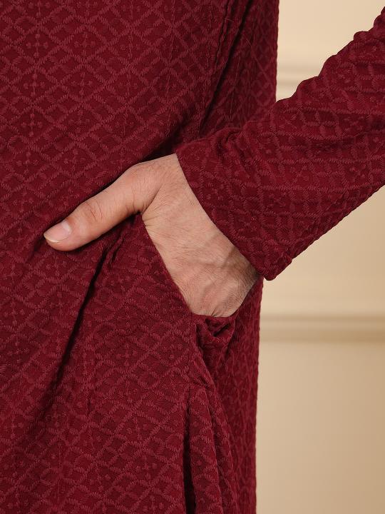 Men's Rayon Silk Straight Classic Red Chikankari Kurta ,Cream solid trouser style churidar  | SHOBITAM