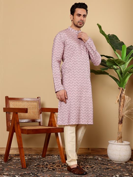 Men's Elegant Pink Straight Cotton Kurta with Embroidery ,Cream solid trouser style churidar  | SHOBITAM