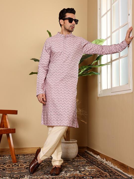 Men's Elegant Pink Straight Cotton Kurta with Embroidery ,Cream solid trouser style churidar  | SHOBITAM