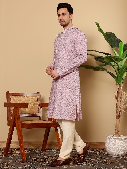 Men's Elegant Pink Straight Cotton Kurta with Embroidery ,Cream solid trouser style churidar  | SHOBITAM