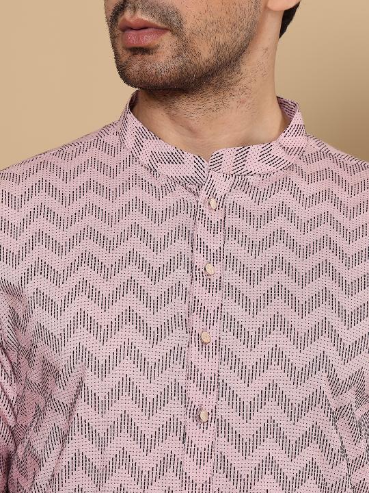 Men's Elegant Pink Straight Cotton Kurta with Embroidery ,Cream solid trouser style churidar  | SHOBITAM