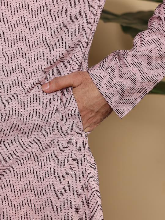 Men's Elegant Pink Straight Cotton Kurta with Embroidery ,Cream solid trouser style churidar  | SHOBITAM