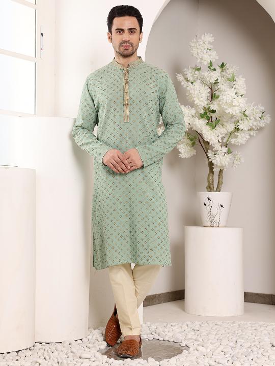 Men's Elegant Sea Green Straight Cotton Kurta with Embroidery,Cream solid trouser style churidar | SHOBITAM