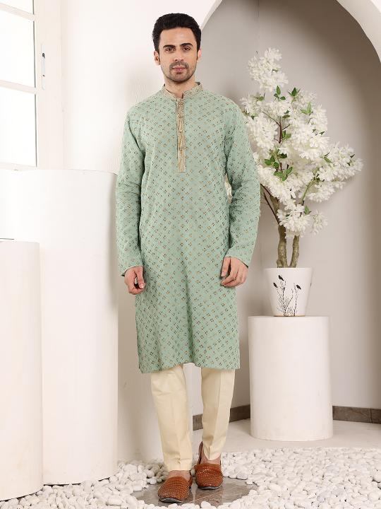 Men's Elegant Sea Green Straight Cotton Kurta with Embroidery,Cream solid trouser style churidar | SHOBITAM