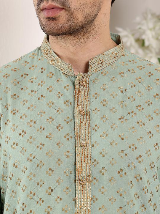 Men's Elegant Sea Green Straight Cotton Kurta with Embroidery,Cream solid trouser style churidar | SHOBITAM