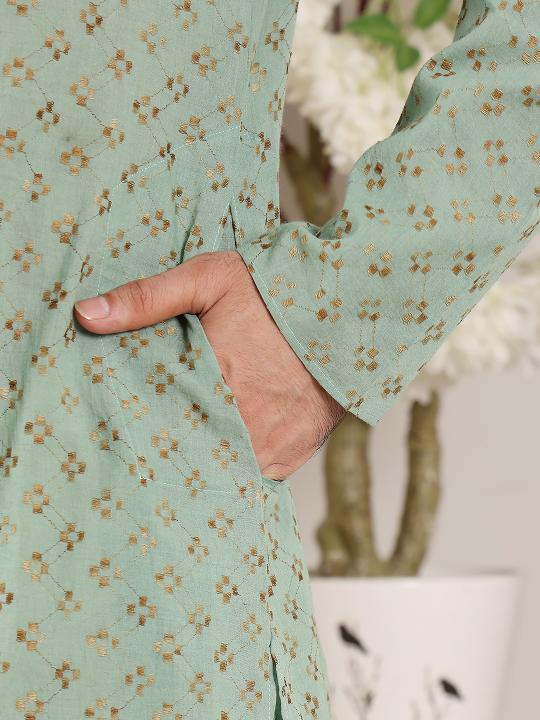 Men's Elegant Sea Green Straight Cotton Kurta with Embroidery,Cream solid trouser style churidar | SHOBITAM