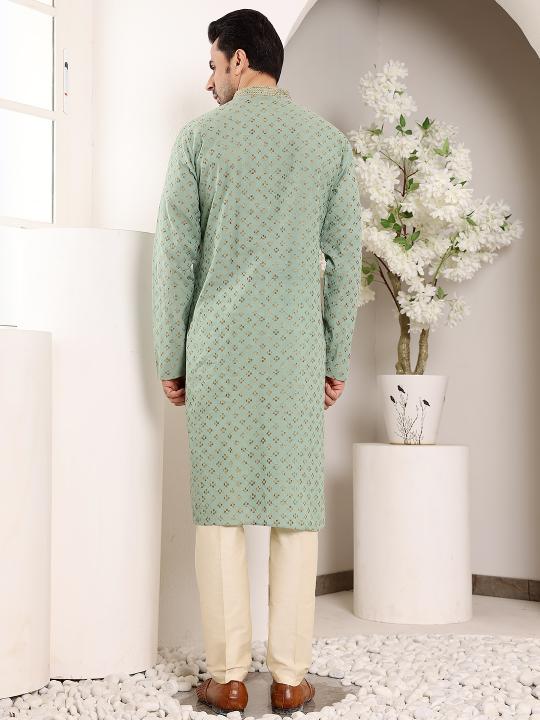 Men's Elegant Sea Green Straight Cotton Kurta with Embroidery,Cream solid trouser style churidar | SHOBITAM
