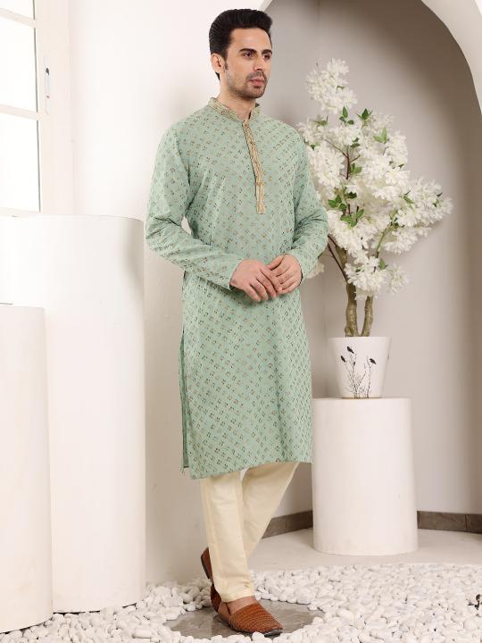 Men's Elegant Sea Green Straight Cotton Kurta with Embroidery,Cream solid trouser style churidar | SHOBITAM