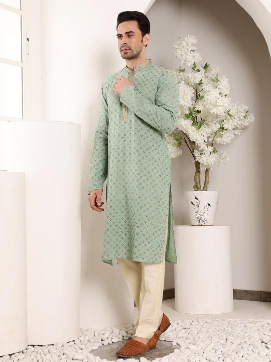Men's Elegant Sea Green Straight Cotton Kurta with Embroidery,Cream solid trouser style churidar | SHOBITAM