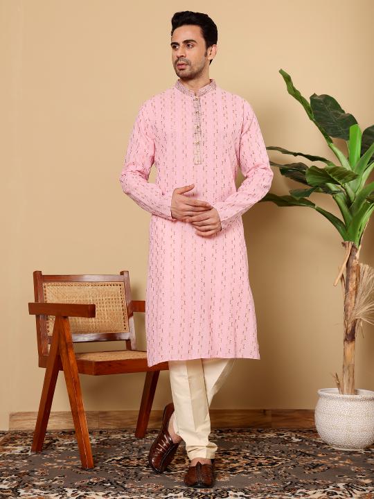 Men's Elegant Pink Straight Cotton Kurta with Embroidery,Cream solid trouser style churidar | SHOBITAM