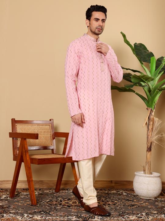 Men's Elegant Pink Straight Cotton Kurta with Embroidery,Cream solid trouser style churidar | SHOBITAM