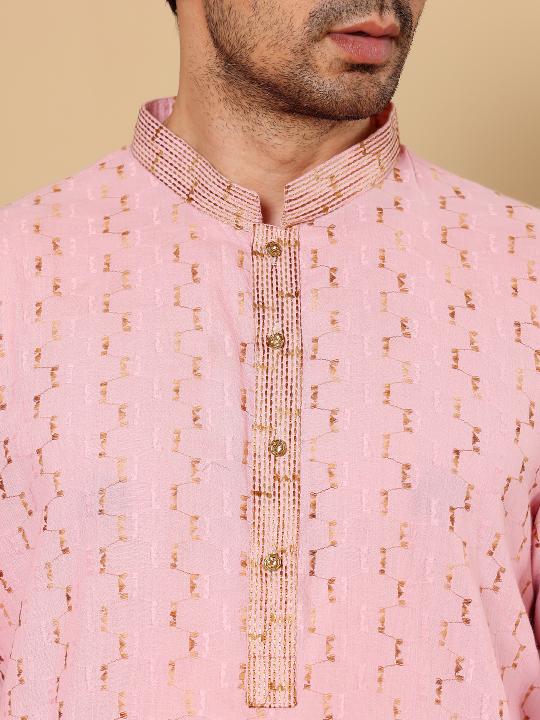 Men's Elegant Pink Straight Cotton Kurta with Embroidery,Cream solid trouser style churidar | SHOBITAM