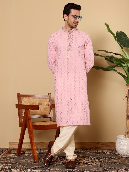 Men's Elegant Pink Straight Cotton Kurta with Embroidery,Cream solid trouser style churidar | SHOBITAM