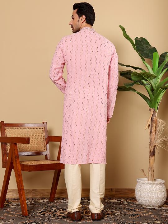 Men's Elegant Pink Straight Cotton Kurta with Embroidery,Cream solid trouser style churidar | SHOBITAM