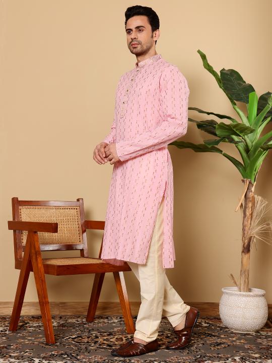 Men's Elegant Pink Straight Cotton Kurta with Embroidery,Cream solid trouser style churidar | SHOBITAM