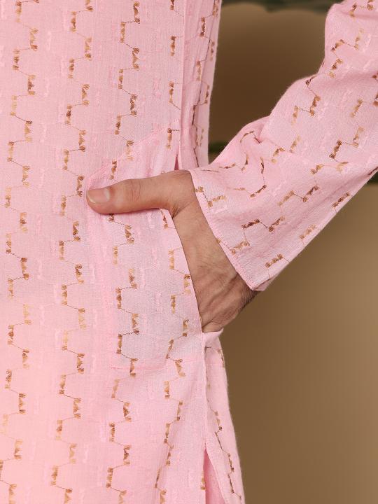 Men's Elegant Pink Straight Cotton Kurta with Embroidery,Cream solid trouser style churidar | SHOBITAM