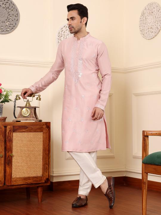 Men's Pink Straight Viscose Silk Kurta with Embroidered Neckline and Motifs,Cream solid trouser style churidar | SHOBITAM