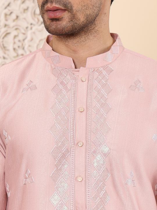 Men's Pink Straight Viscose Silk Kurta with Embroidered Neckline and Motifs,Cream solid trouser style churidar | SHOBITAM