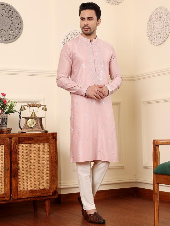 Men's Pink Straight Viscose Silk Kurta with Embroidered Neckline and Motifs,Cream solid trouser style churidar | SHOBITAM
