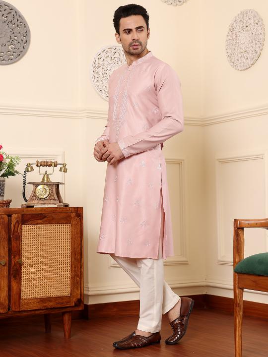 Men's Pink Straight Viscose Silk Kurta with Embroidered Neckline and Motifs,Cream solid trouser style churidar | SHOBITAM