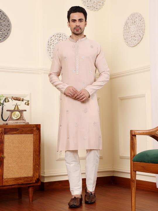 Men's Peach Straight Viscose Silk Kurta with Embroidered Neckline and Motifs,Off White solid trouser style churidar | SHOBITAM