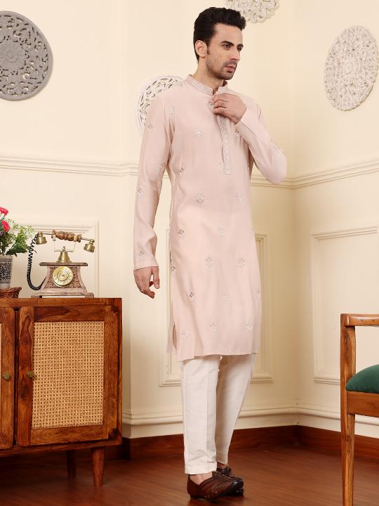 Men's Peach Straight Viscose Silk Kurta with Embroidered Neckline and Motifs,Off White solid trouser style churidar | SHOBITAM