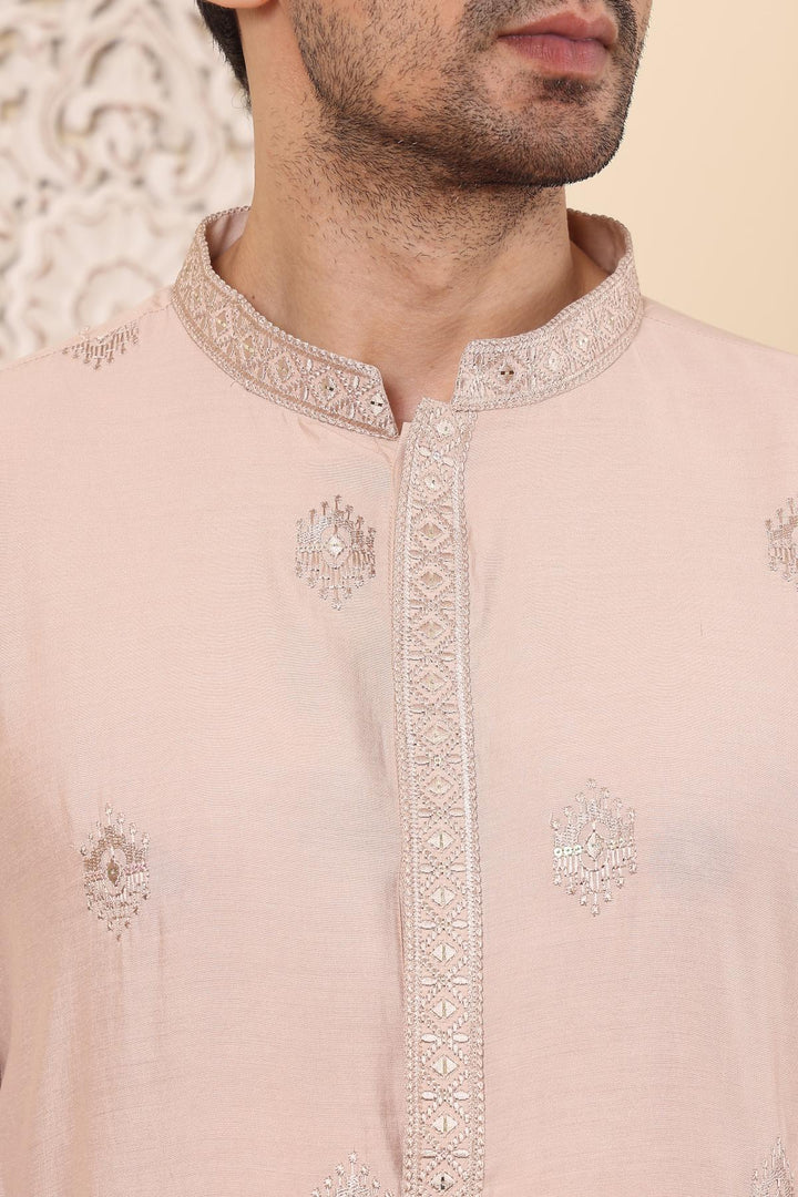 Men's Peach Straight Viscose Silk Kurta with Embroidered Neckline and Motifs,Off White solid trouser style churidar | SHOBITAM