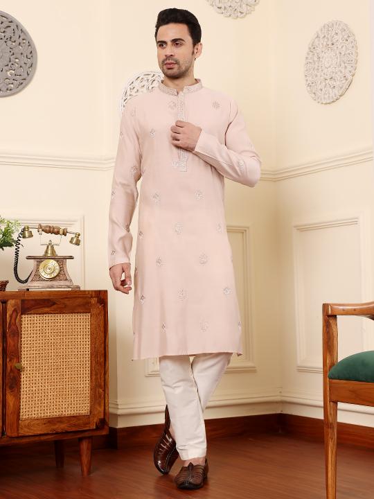 Men's Peach Straight Viscose Silk Kurta with Embroidered Neckline and Motifs,Off White solid trouser style churidar | SHOBITAM