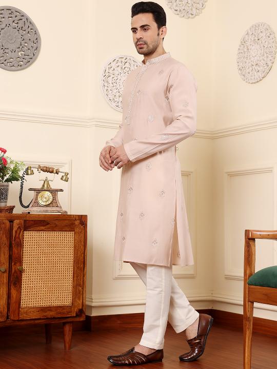 Men's Peach Straight Viscose Silk Kurta with Embroidered Neckline and Motifs,Off White solid trouser style churidar | SHOBITAM