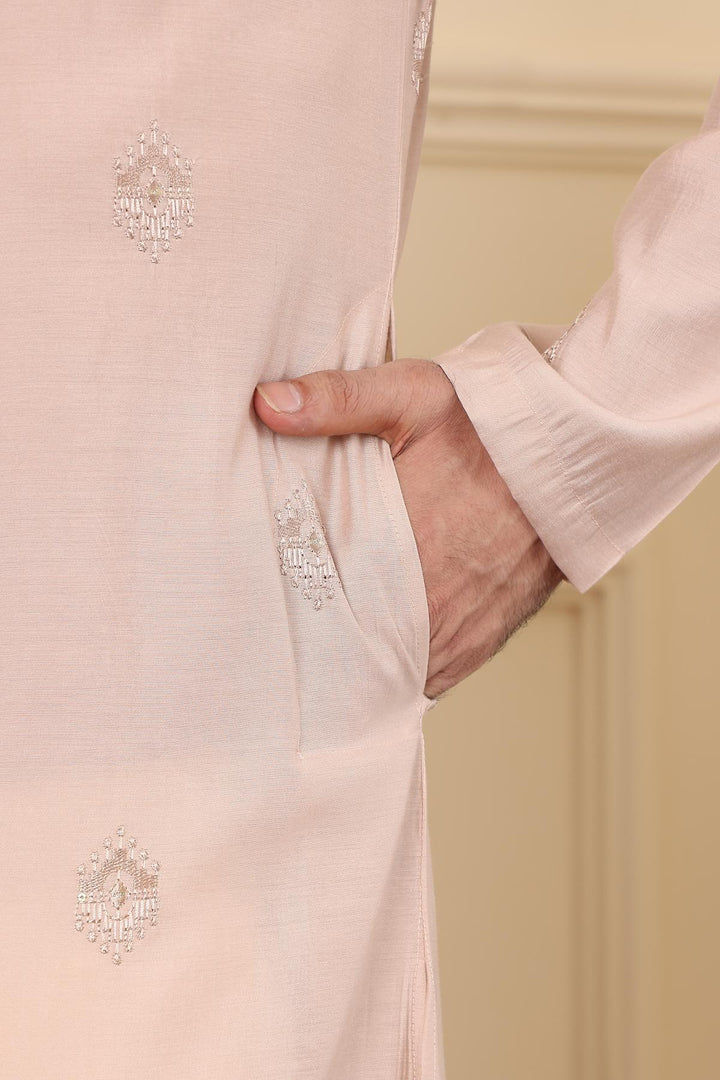 Men's Peach Straight Viscose Silk Kurta with Embroidered Neckline and Motifs,Off White solid trouser style churidar | SHOBITAM