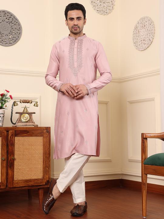 Men's Pink Straight Viscose Silk Kurta with Embroidered Neckline and Motifs,Cream solid trouser style churidar| SHOBITAM