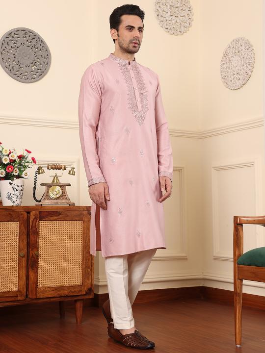 Men's Pink Straight Viscose Silk Kurta with Embroidered Neckline and Motifs,Cream solid trouser style churidar| SHOBITAM