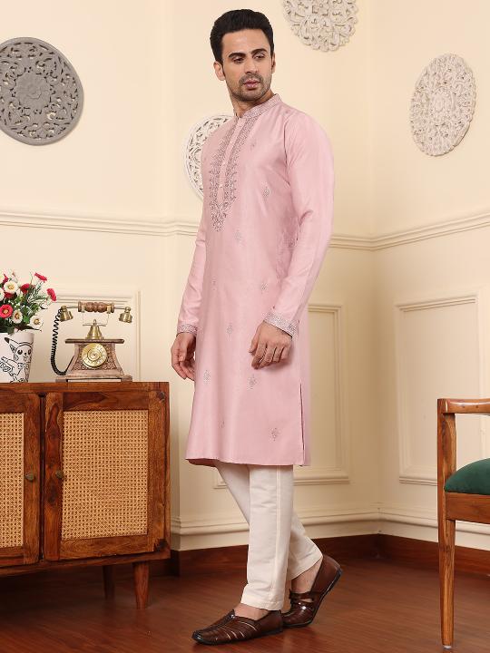 Men's Pink Straight Viscose Silk Kurta with Embroidered Neckline and Motifs,Cream solid trouser style churidar| SHOBITAM