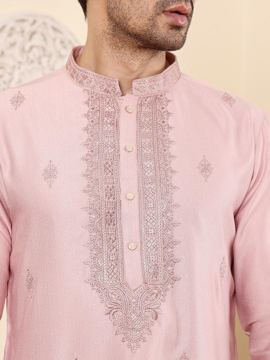 Men's Pink Straight Viscose Silk Kurta with Embroidered Neckline and Motifs,Cream solid trouser style churidar| SHOBITAM