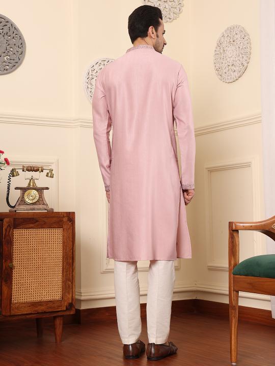 Men's Pink Straight Viscose Silk Kurta with Embroidered Neckline and Motifs,Cream solid trouser style churidar| SHOBITAM