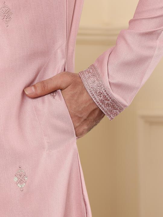 Men's Pink Straight Viscose Silk Kurta with Embroidered Neckline and Motifs,Cream solid trouser style churidar| SHOBITAM