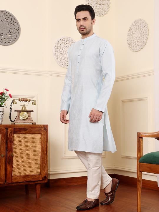 Men's Light Blue Rayon Silk Straight Viscose Silk kurta with Textured Effect ,Cream solid trouser style churidar | SHOBITAM