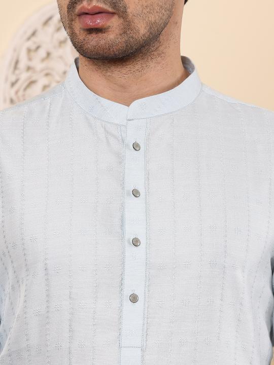 Men's Light Blue Rayon Silk Straight Viscose Silk kurta with Textured Effect ,Cream solid trouser style churidar | SHOBITAM