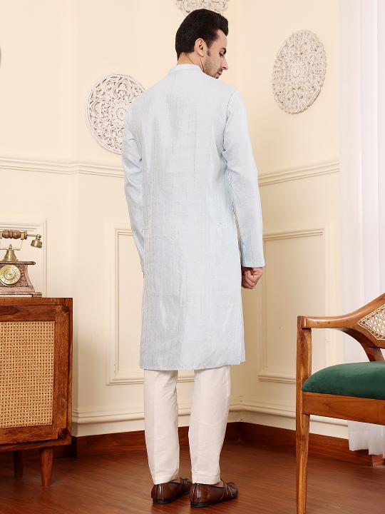 Men's Light Blue Rayon Silk Straight Viscose Silk kurta with Textured Effect ,Cream solid trouser style churidar | SHOBITAM